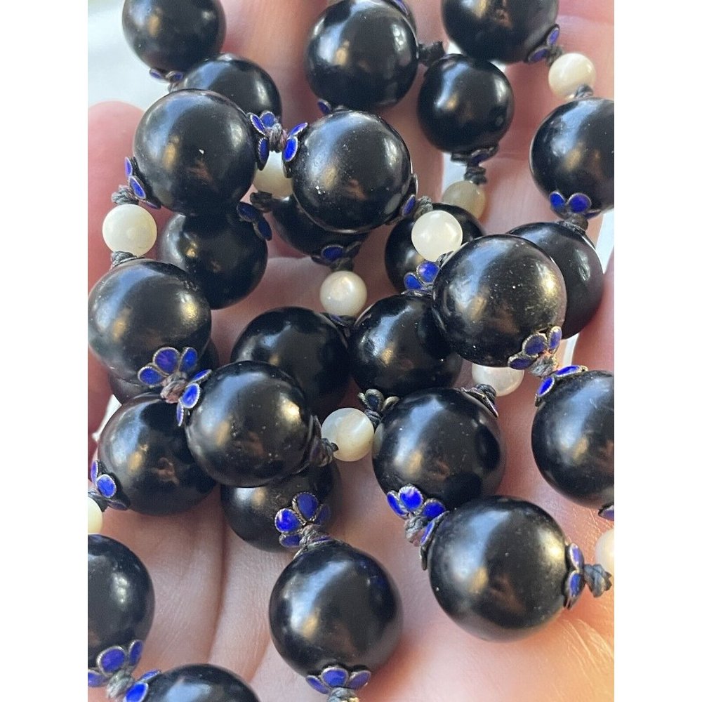 Antique Chinese Export Sterling Silver Clasp Black Onyx Blue Cloisonné Jade